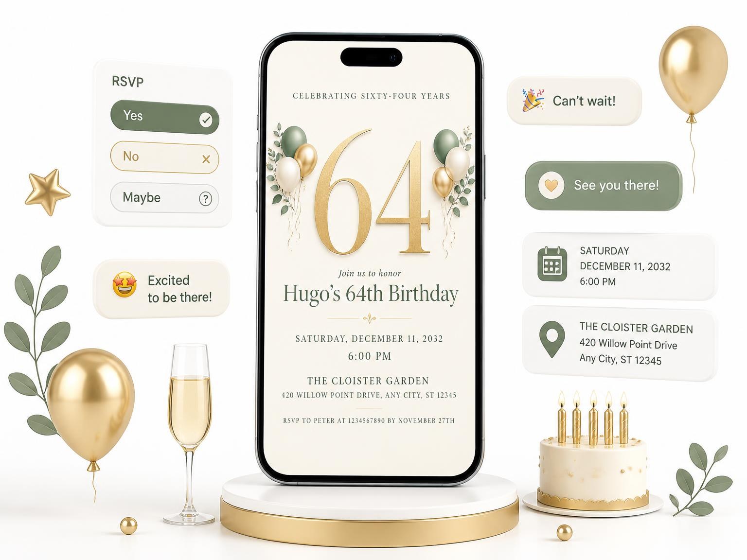 The Sage and Ivory 64th Birthday Invitation invitation on a phone, with guest RSVPs arriving around it