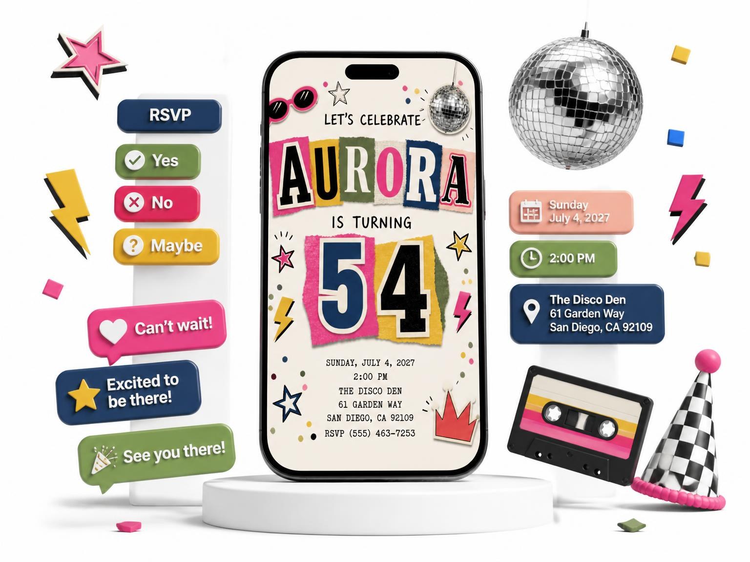 The Retro Paper Collage 54th Birthday Invitation invitation on a phone, with guest RSVPs arriving around it