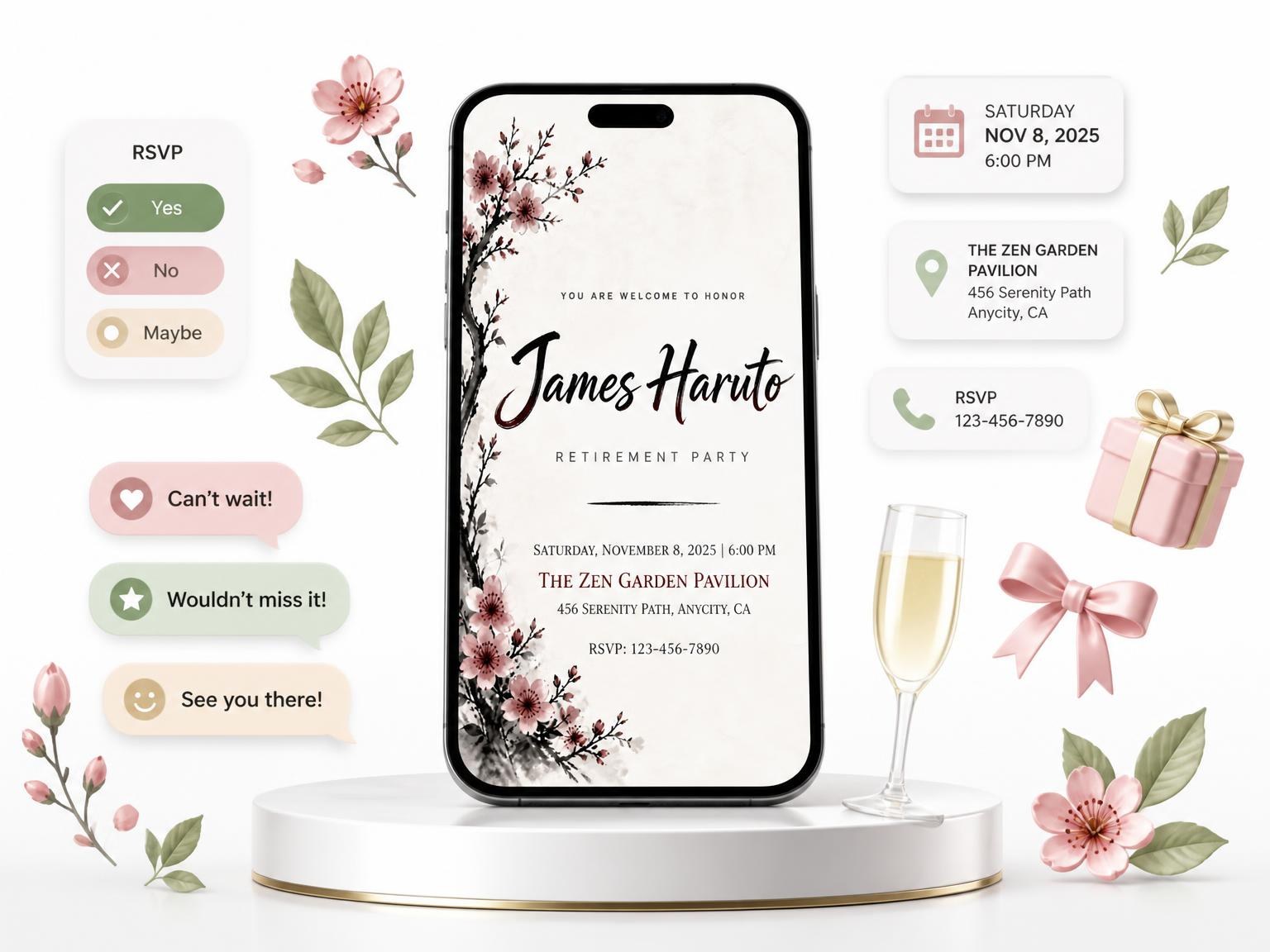 The Cherry Blossom Retirement Party Invitation invitation on a phone, with guest RSVPs arriving around it