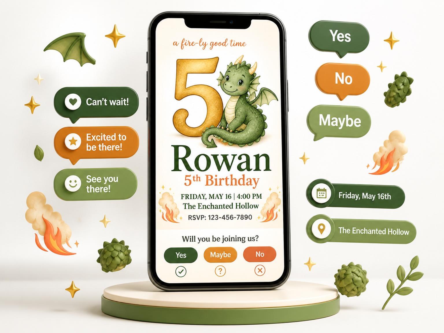 The Watercolor Dragon Campfire 5th Birthday invitation on a phone, with guest RSVPs arriving around it