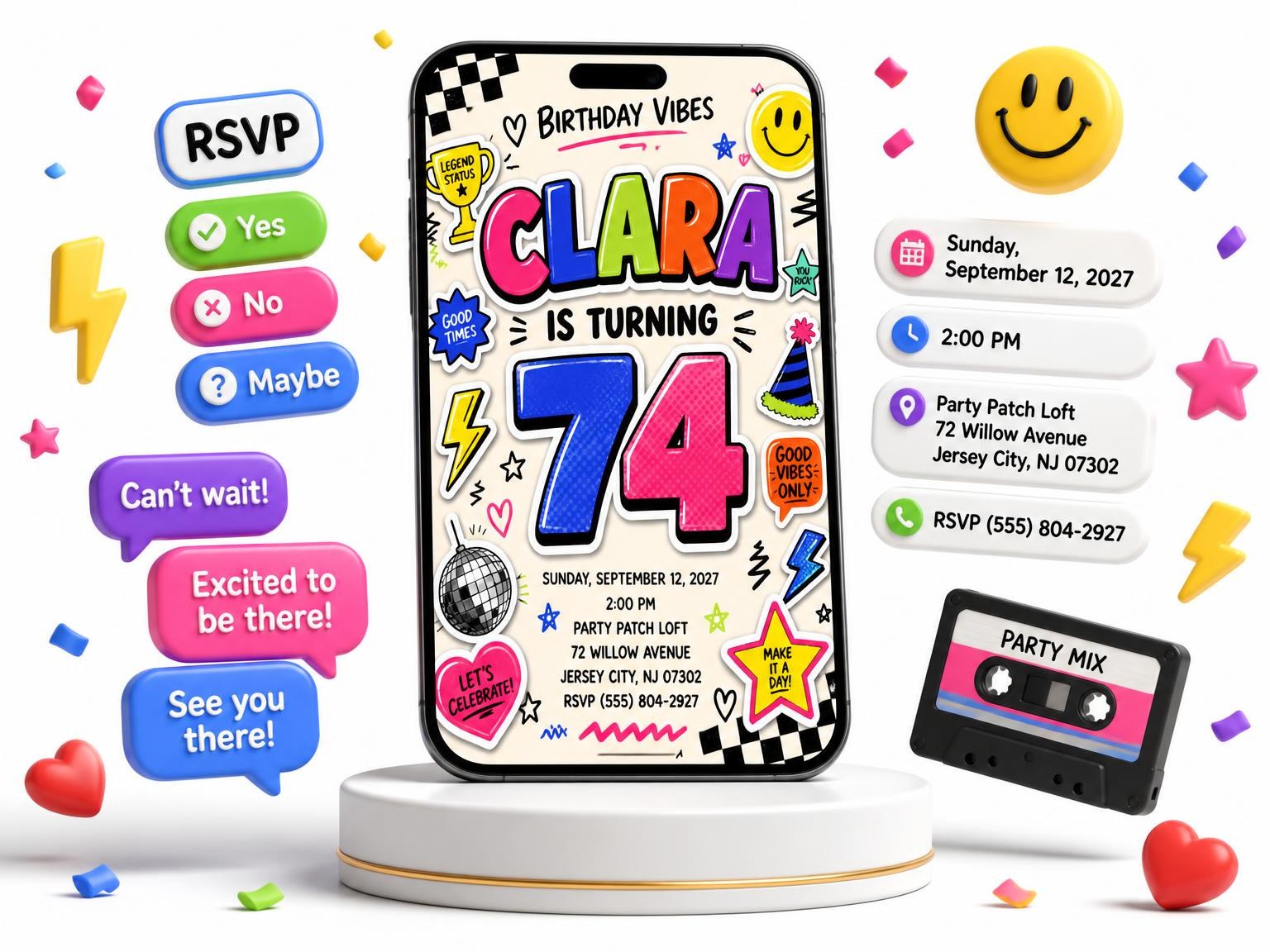 The Sticker Pop 74th Birthday Invitation invitation on a phone, with guest RSVPs arriving around it