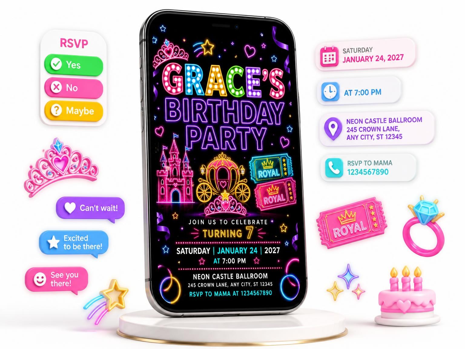 The Neon Princess 7th Birthday Invitation invitation on a phone, with guest RSVPs arriving around it