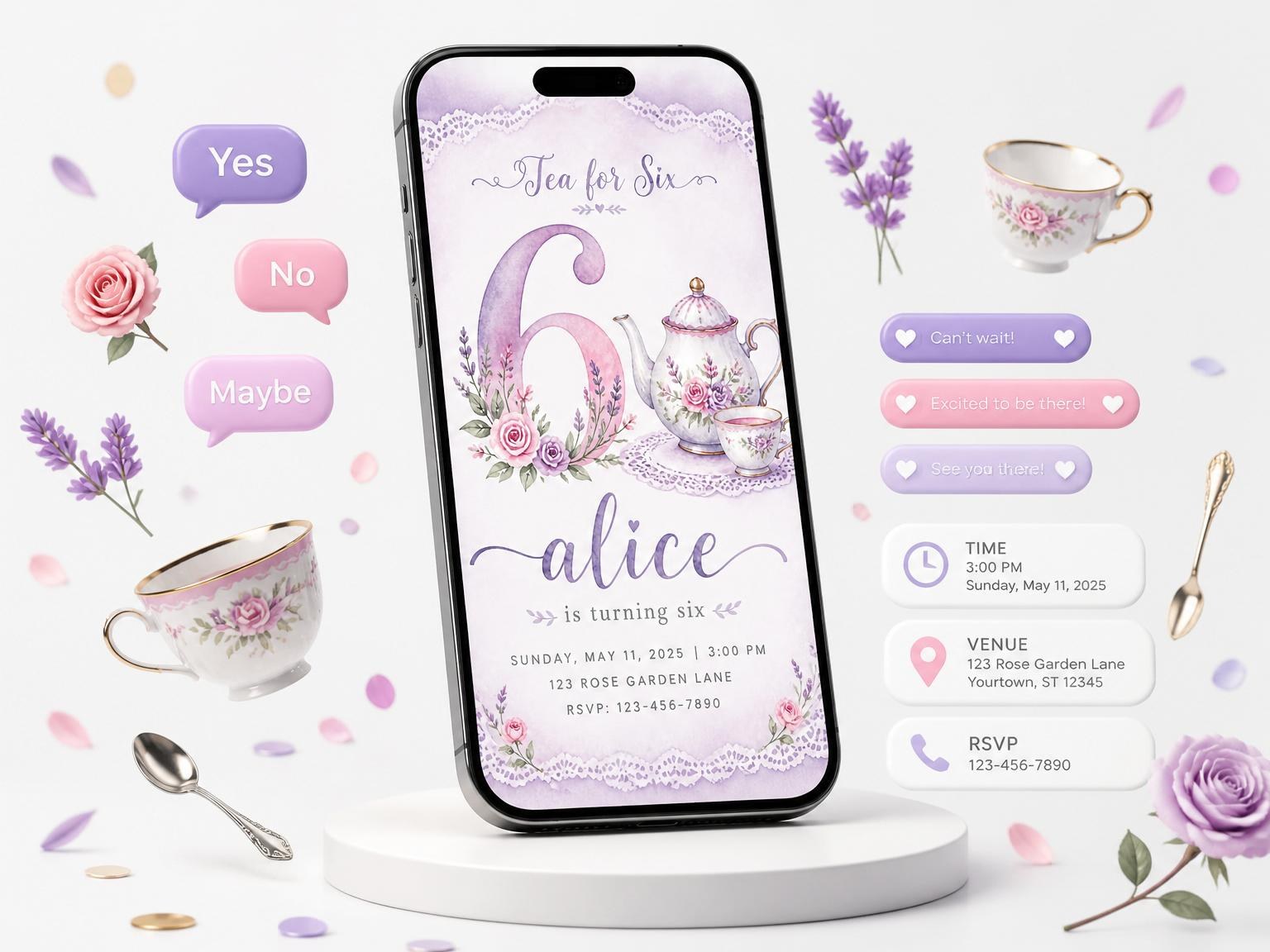 The Lavender Watercolor Floral 6th Birthday invitation on a phone, with guest RSVPs arriving around it