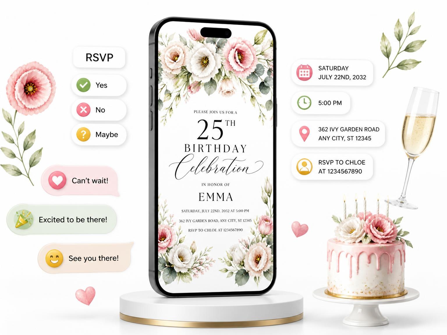 The Rose Floral Blush 25th Birthday Invitation invitation on a phone, with guest RSVPs arriving around it