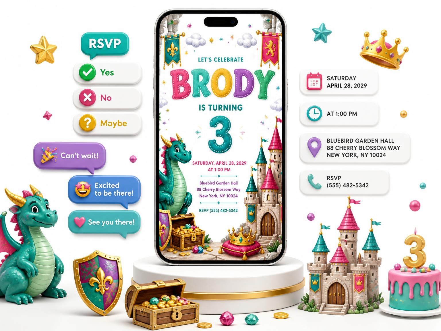 The Stitched Dragon Castle 3rd Birthday Invitation invitation on a phone, with guest RSVPs arriving around it
