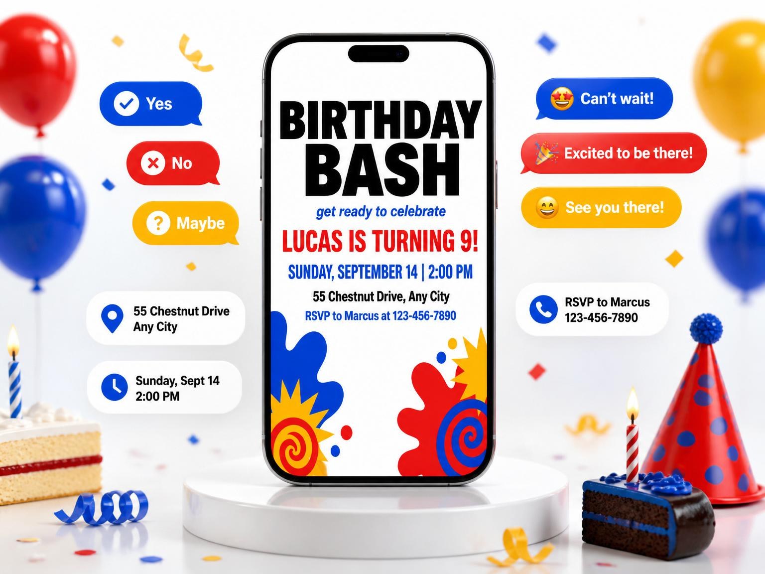 The Primary Paint Splatter Birthday Bash invitation on a phone, with guest RSVPs arriving around it