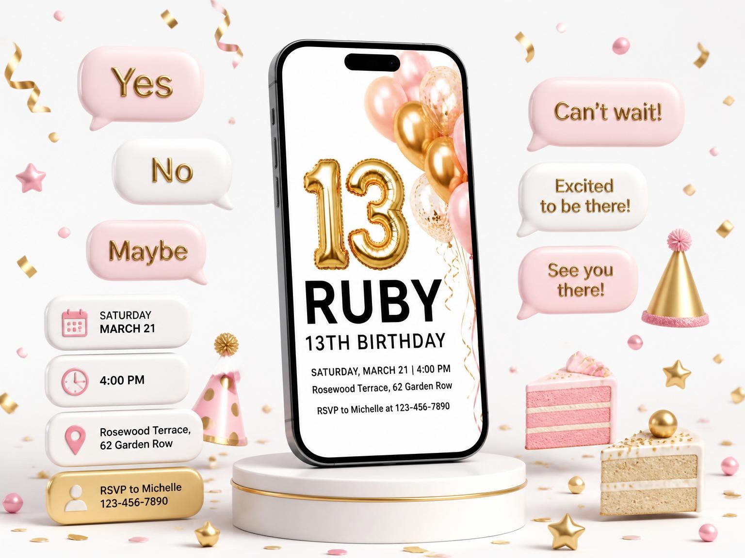The Gold Rose Balloon 13th Birthday invitation on a phone, with guest RSVPs arriving around it