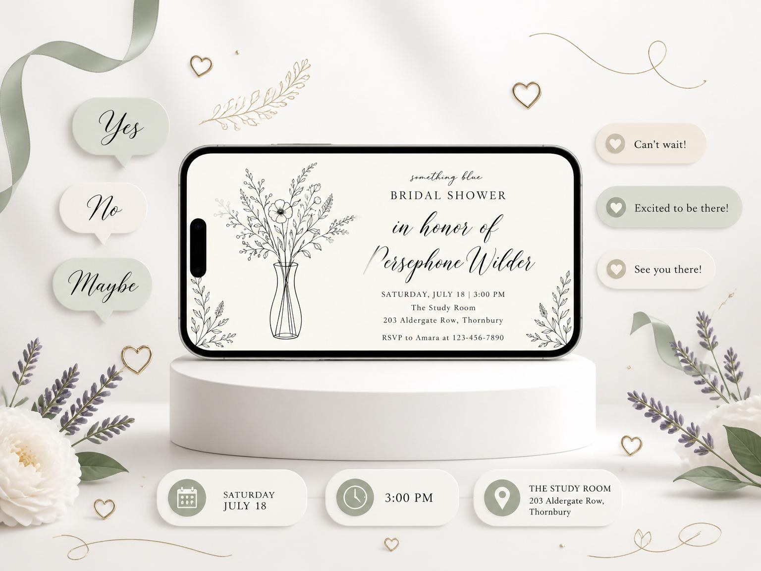 The Cream Fine-Line Wildflower Bridal Shower invitation on a phone, with guest RSVPs arriving around it
