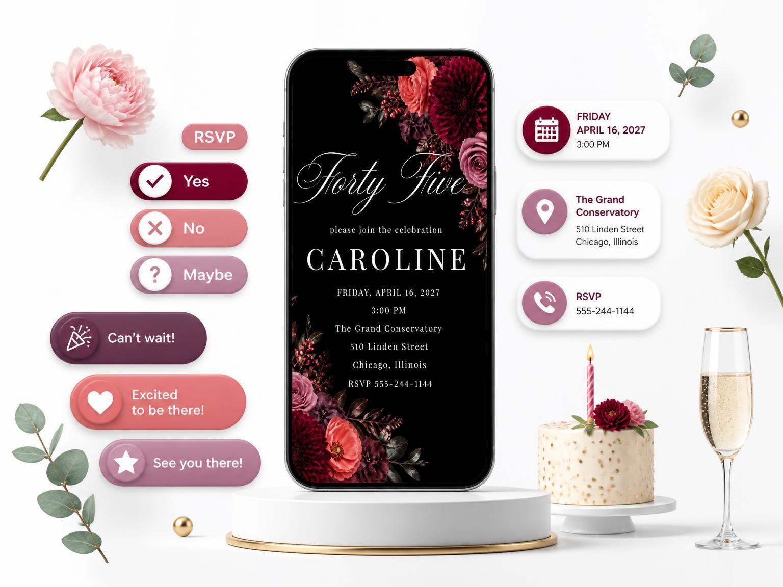The Black Floral 45th Birthday Invitation invitation on a phone, with guest RSVPs arriving around it