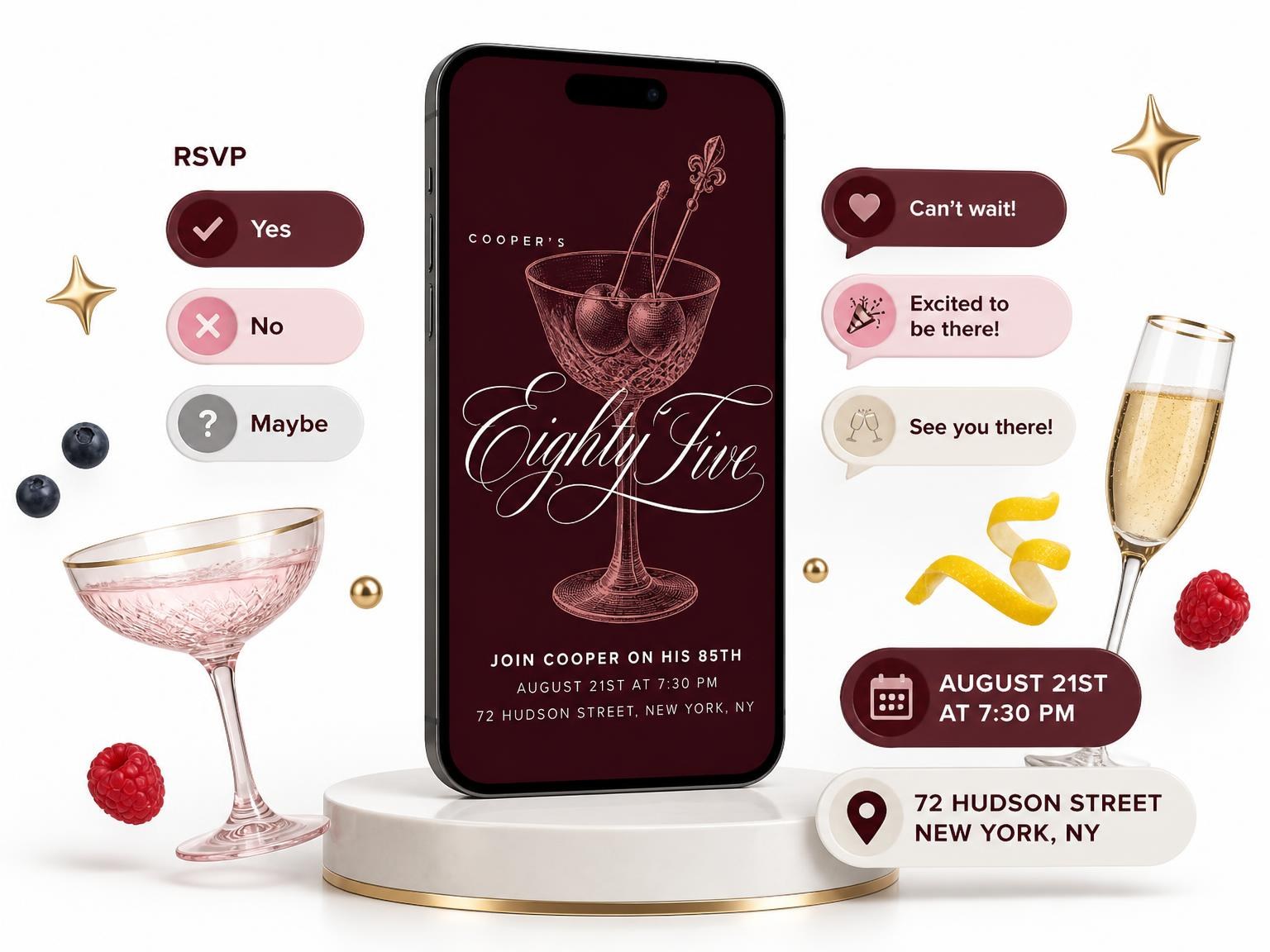 The Burgundy Cocktail 85th Birthday Invitation invitation on a phone, with guest RSVPs arriving around it