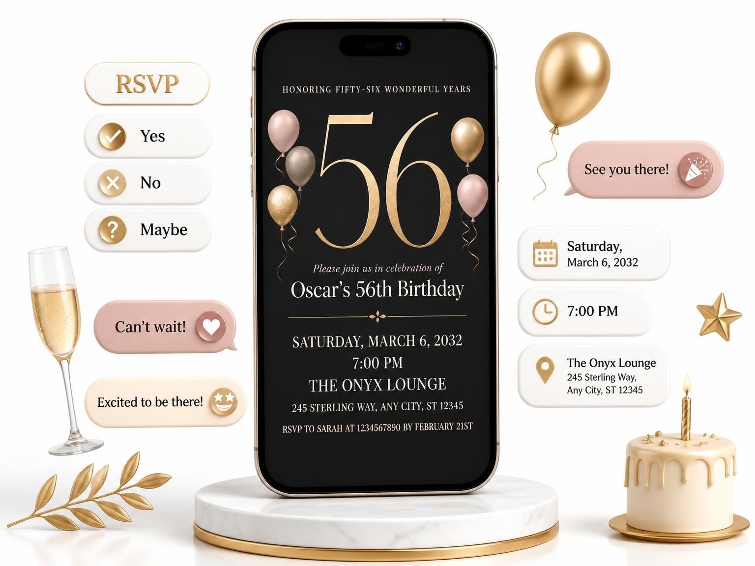 The Charcoal and Blush 56th Birthday Invitation invitation on a phone, with guest RSVPs arriving around it