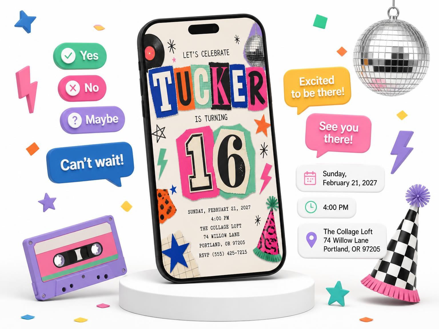 The Retro Paper Collage 16th Birthday Invitation invitation on a phone, with guest RSVPs arriving around it