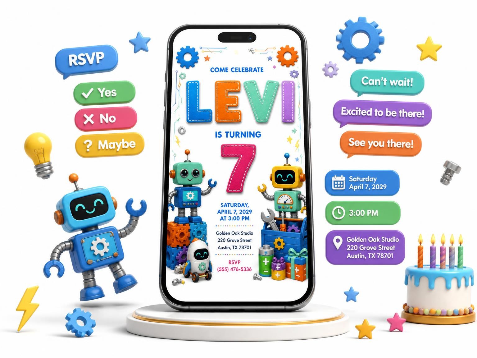 The Stitched Robot 7th Birthday Invitation invitation on a phone, with guest RSVPs arriving around it