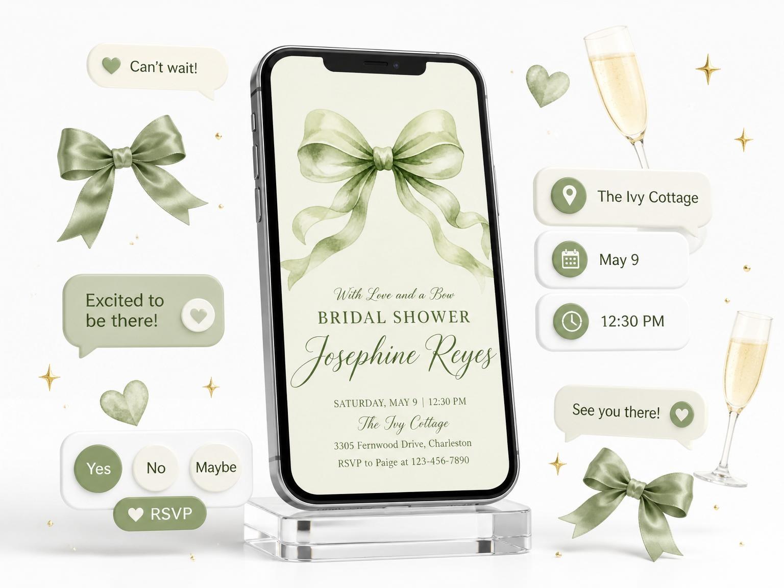 The Sage Watercolor Bow Bridal Shower invitation on a phone, with guest RSVPs arriving around it