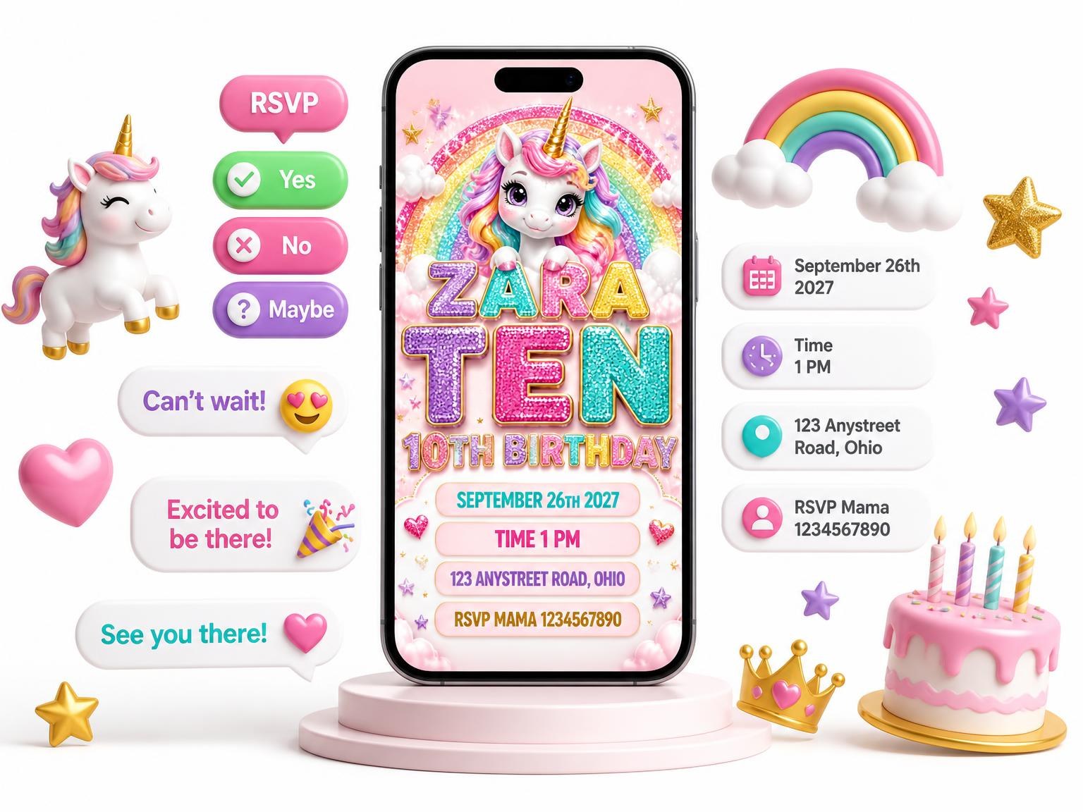 The Glitter Unicorn 10th Birthday Invitation invitation on a phone, with guest RSVPs arriving around it