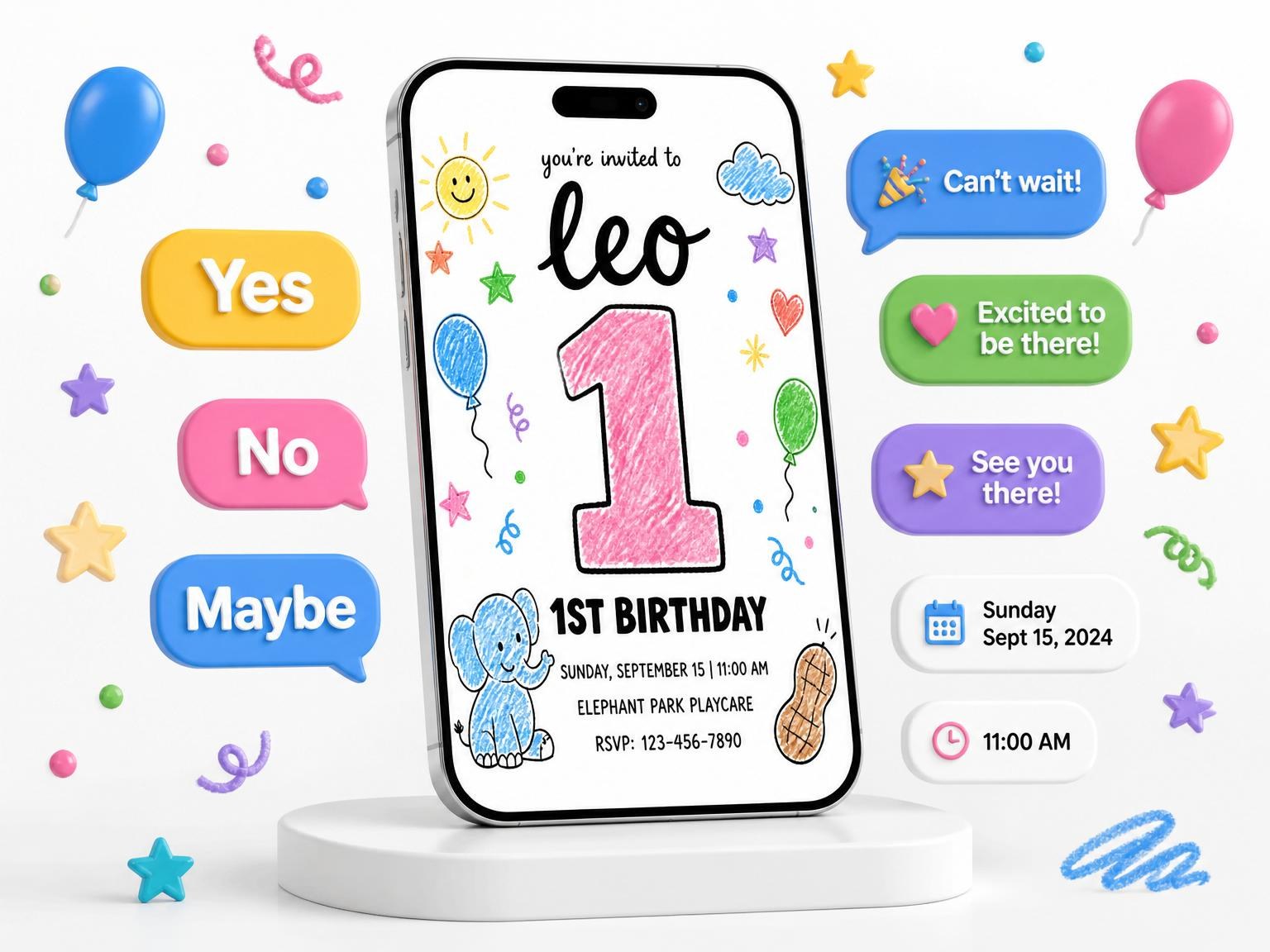 The Elephant 1st Birthday Invitation invitation on a phone, with guest RSVPs arriving around it