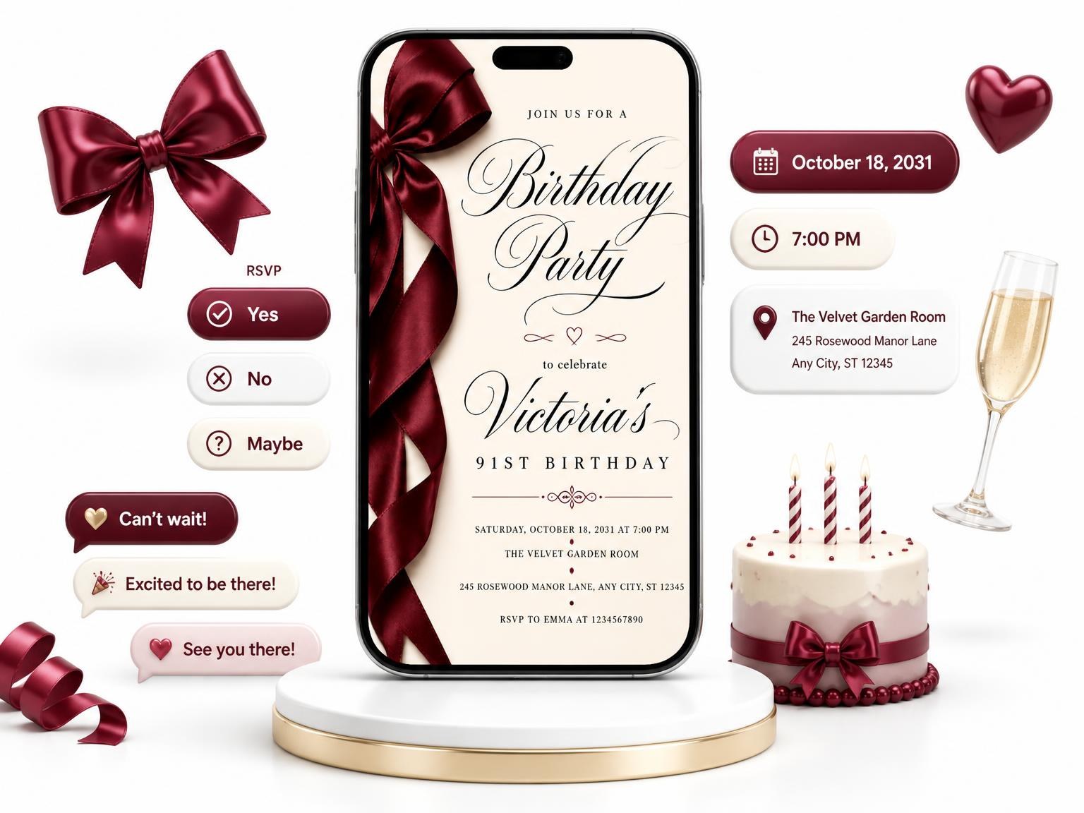 The Burgundy Satin Bow 91st Birthday Invitation invitation on a phone, with guest RSVPs arriving around it