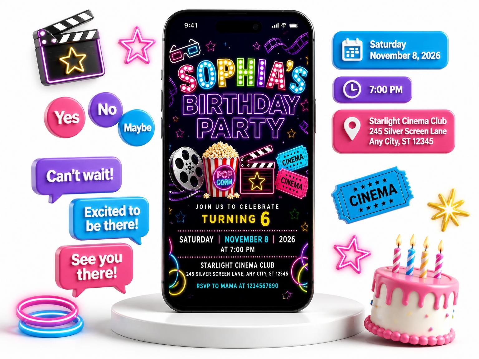 The Neon Movie Night 6th Birthday Invitation invitation on a phone, with guest RSVPs arriving around it