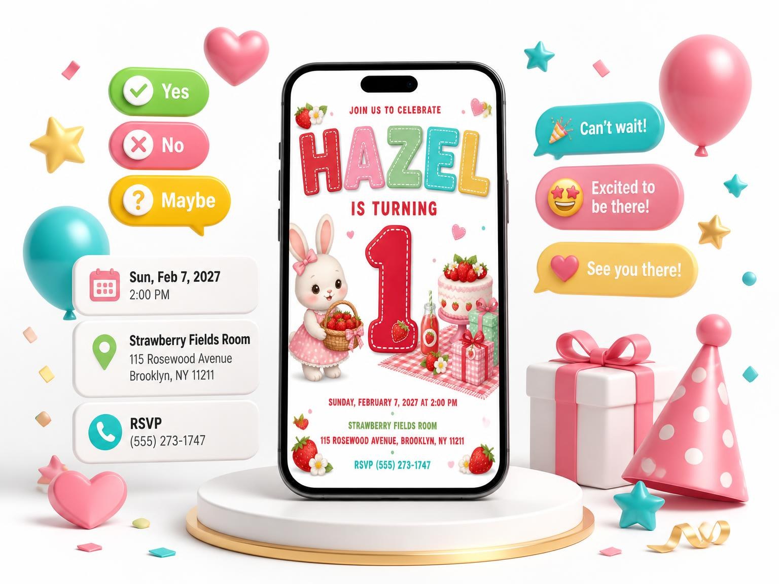 The Stitched Strawberry Bunny 1st Birthday Invitation invitation on a phone, with guest RSVPs arriving around it