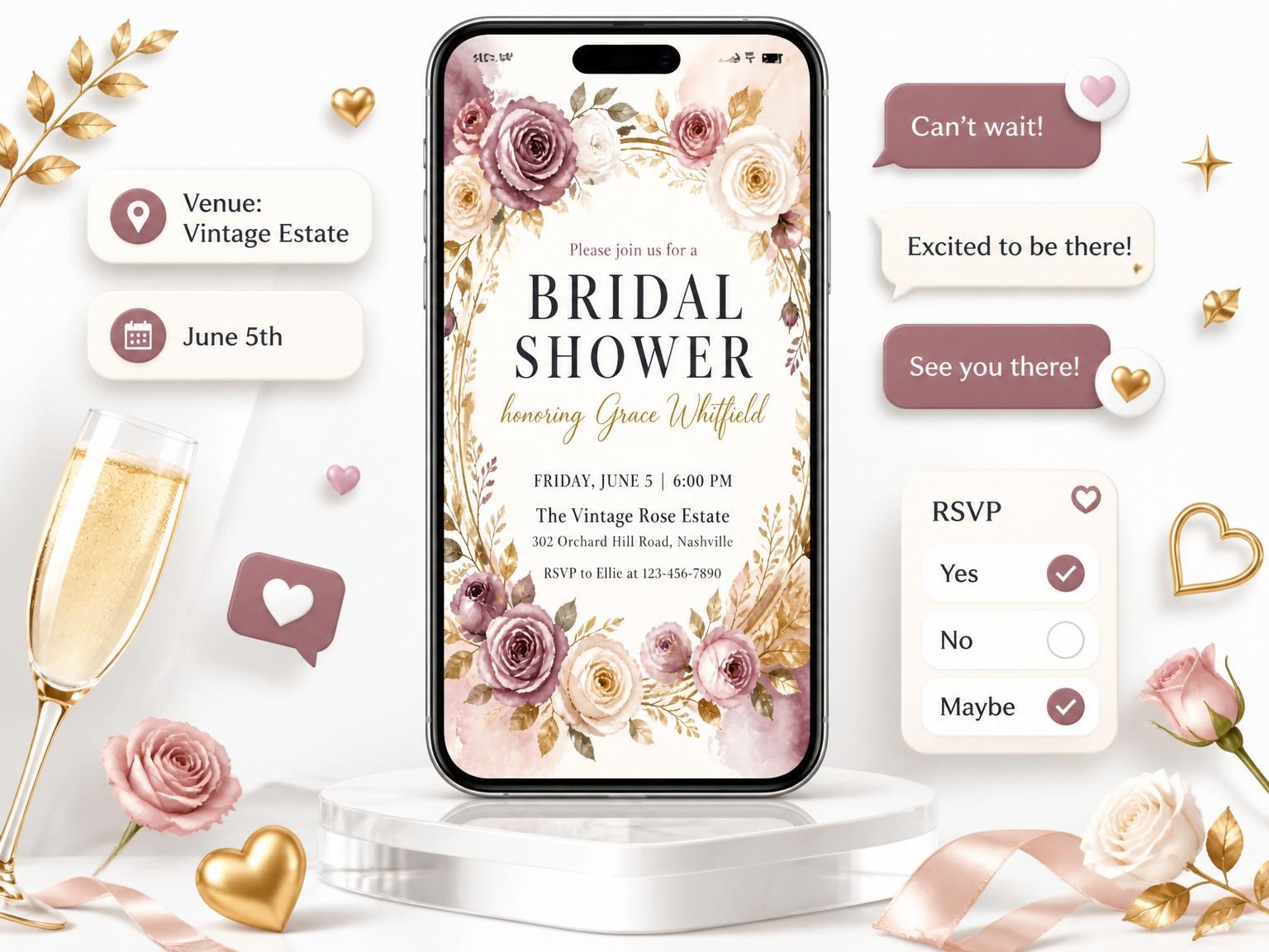 The Mauve Watercolor Rose Bridal Shower invitation on a phone, with guest RSVPs arriving around it