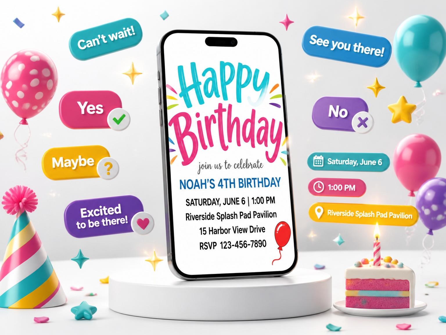 The Colorful Balloon 4th Birthday Invitation invitation on a phone, with guest RSVPs arriving around it