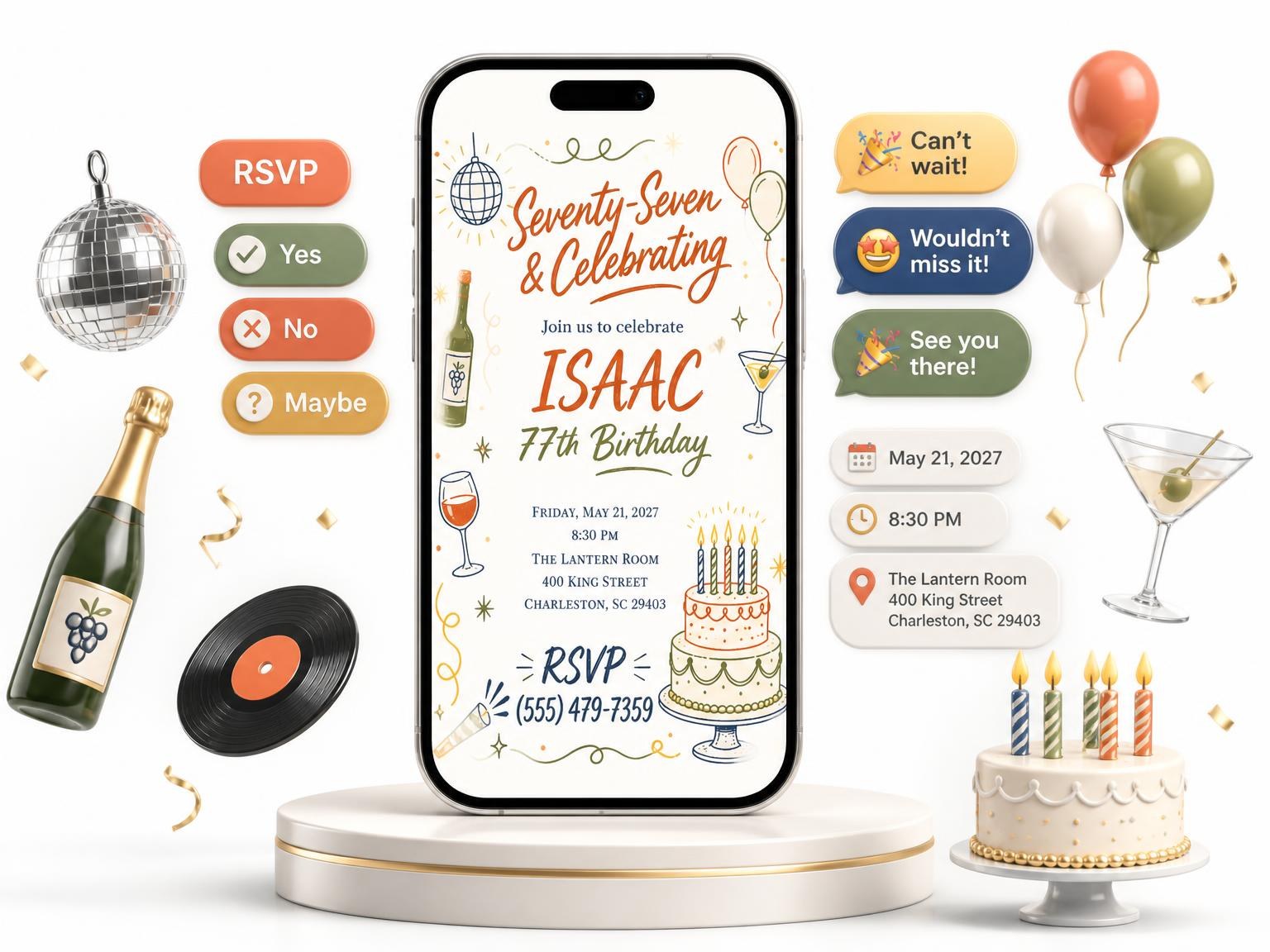 The Retro Doodle 77th Birthday Invitation invitation on a phone, with guest RSVPs arriving around it