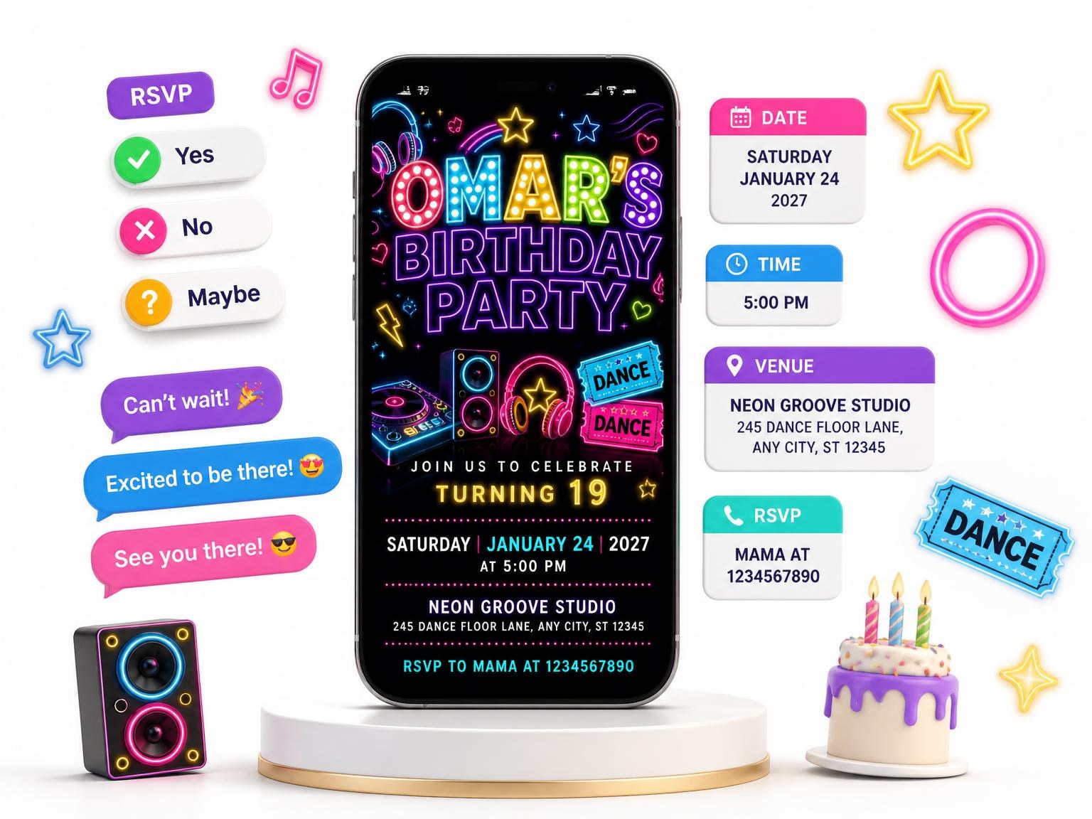 The Neon Dance Party 19th Birthday Invitation invitation on a phone, with guest RSVPs arriving around it
