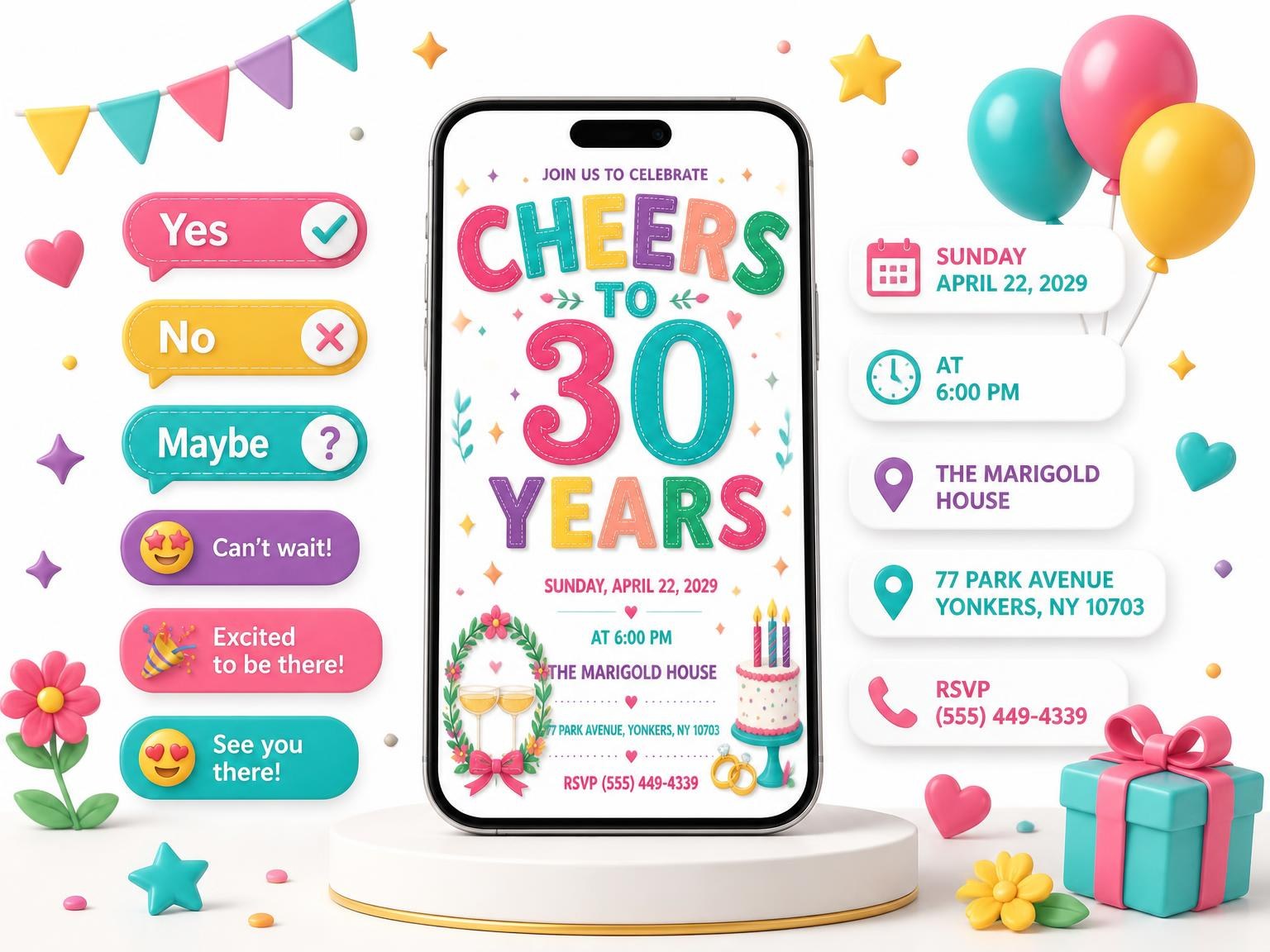 The Champagne 30th Anniversary Party Invitation invitation on a phone, with guest RSVPs arriving around it