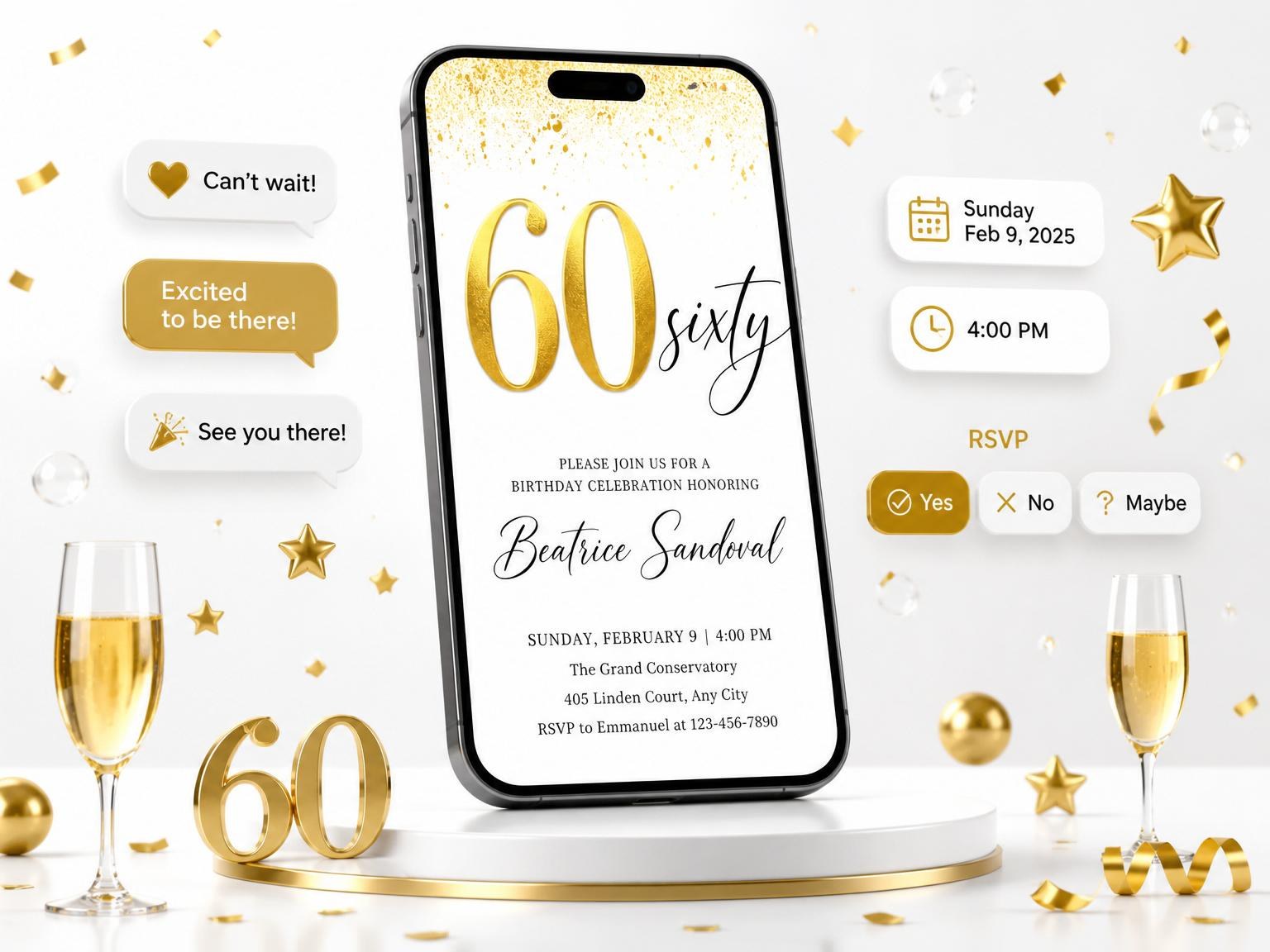 The Gold Splatter Metallic 60th Birthday invitation on a phone, with guest RSVPs arriving around it