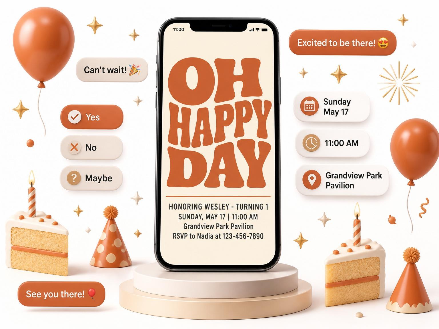 The Burnt Orange Retro 1st Birthday invitation on a phone, with guest RSVPs arriving around it