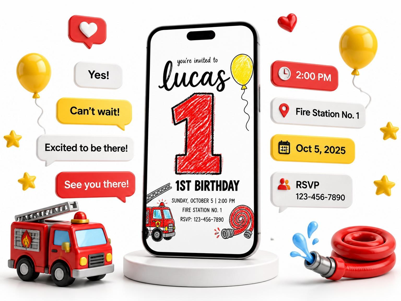 The Crayon Fire Truck 1st Birthday invitation on a phone, with guest RSVPs arriving around it