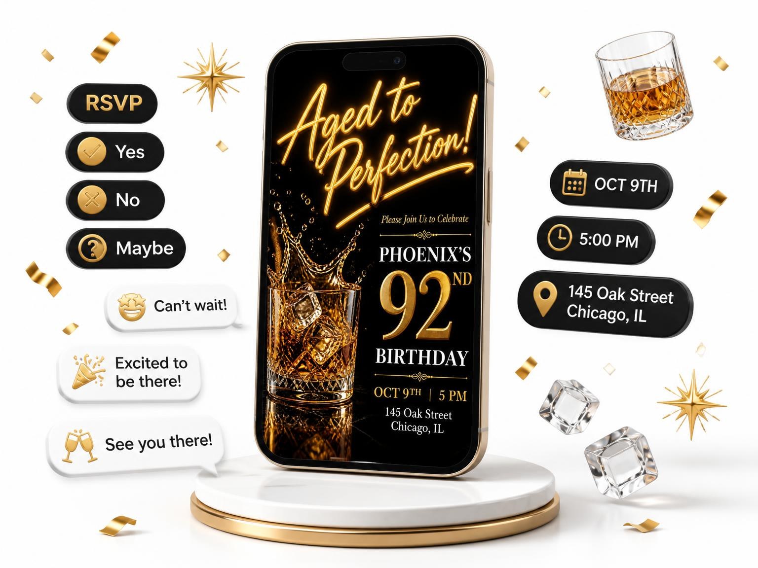 The Whiskey Glass 92nd Birthday Invitation invitation on a phone, with guest RSVPs arriving around it