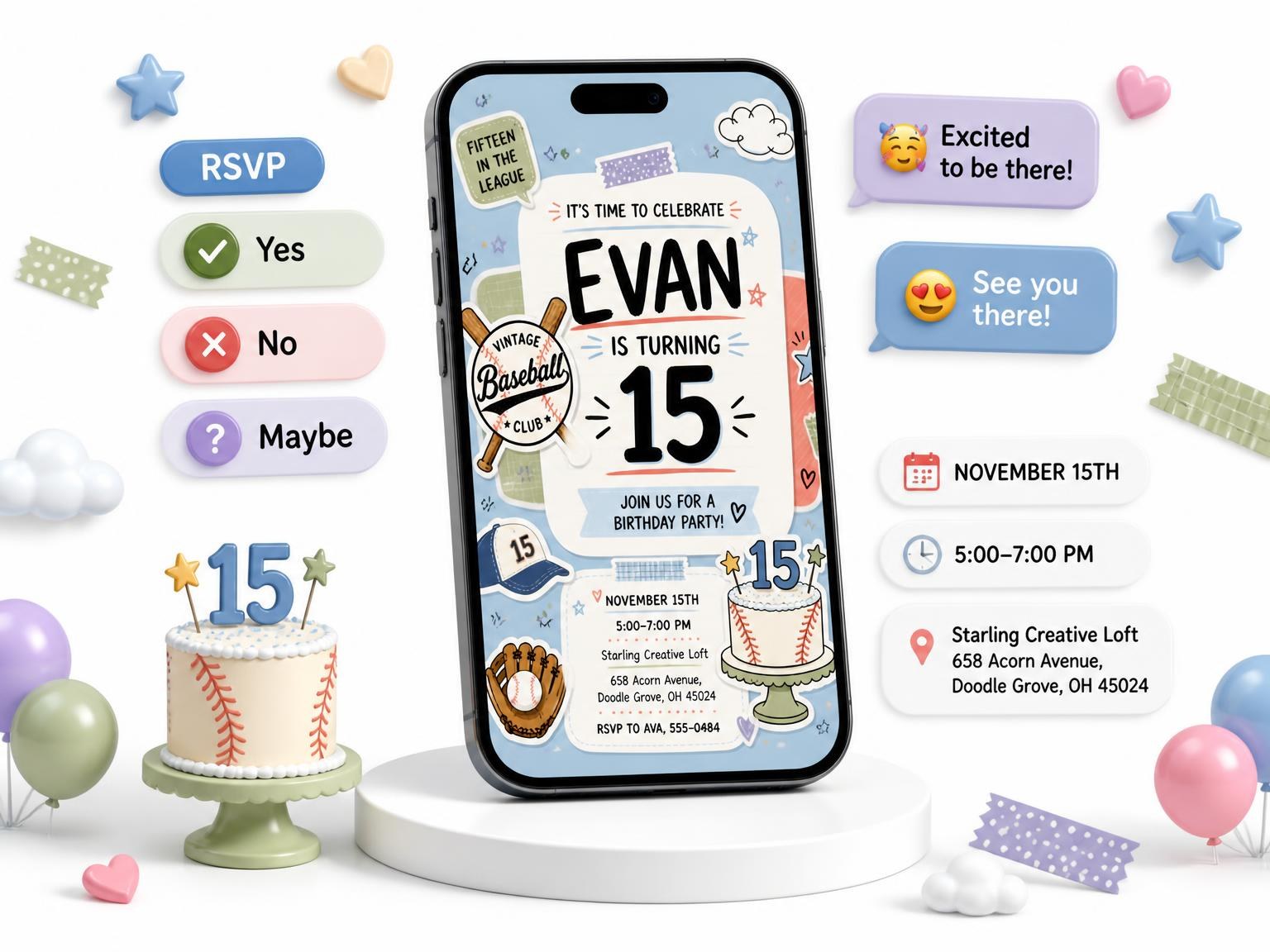 The Baseball Emblem Pastel 15th Birthday Invitation invitation on a phone, with guest RSVPs arriving around it