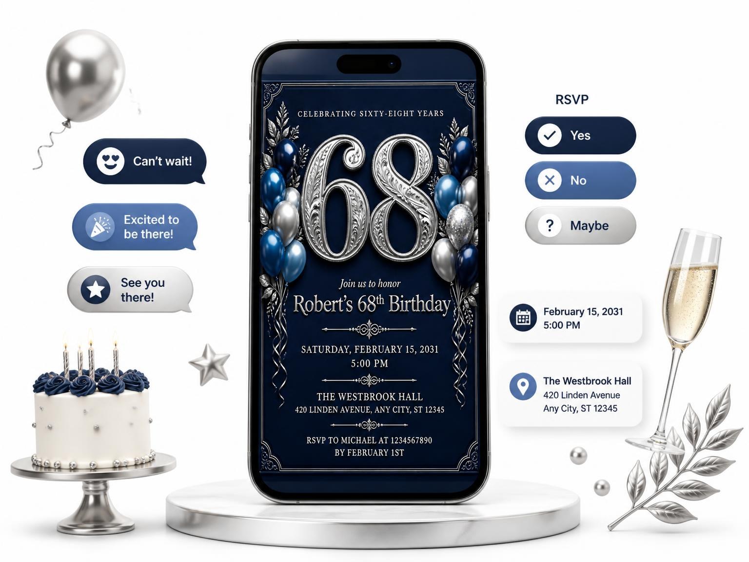 The Navy and Silver 68th Birthday Invitation invitation on a phone, with guest RSVPs arriving around it