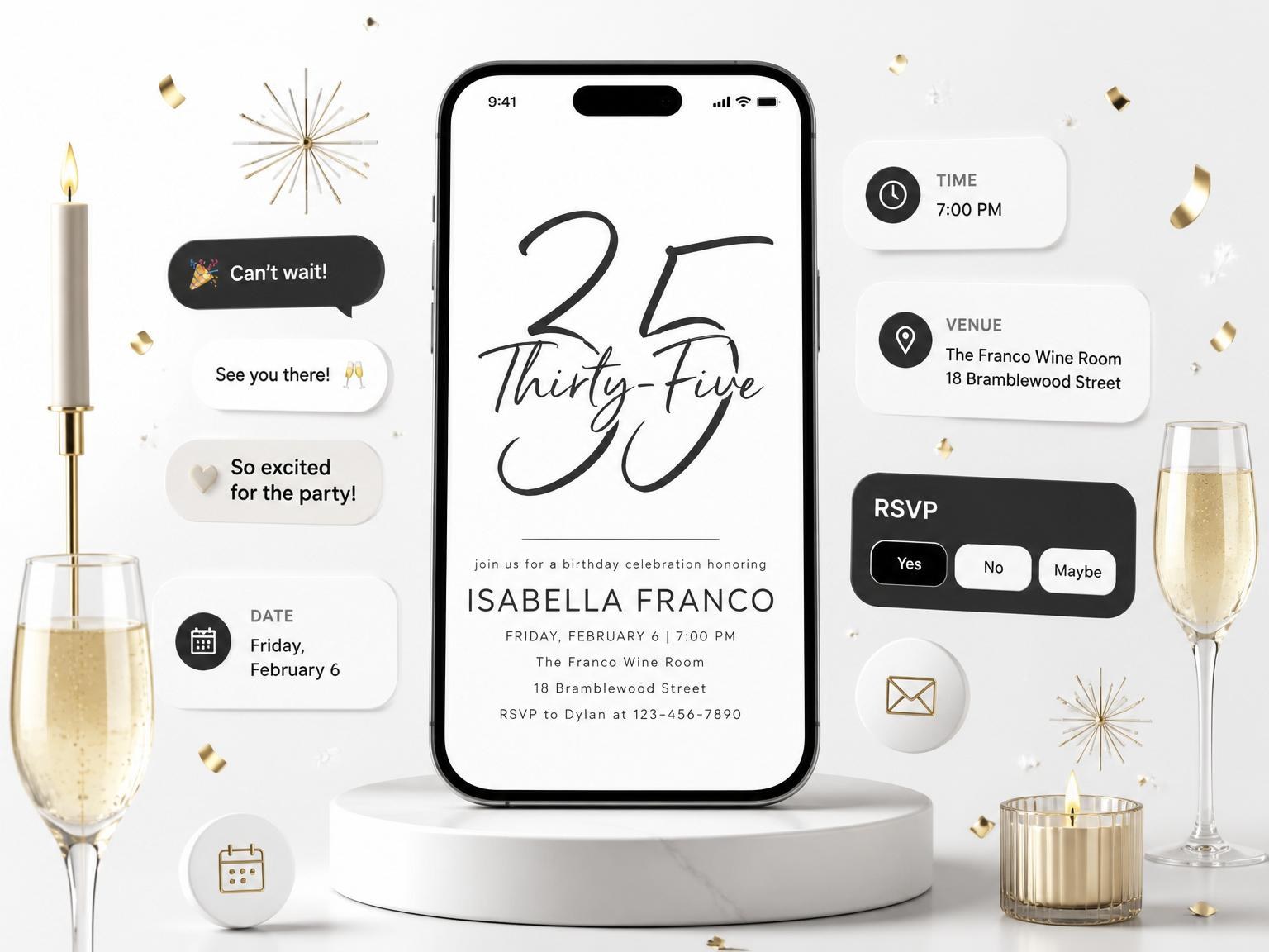 The Minimalist Brush Script 35th Birthday invitation on a phone, with guest RSVPs arriving around it
