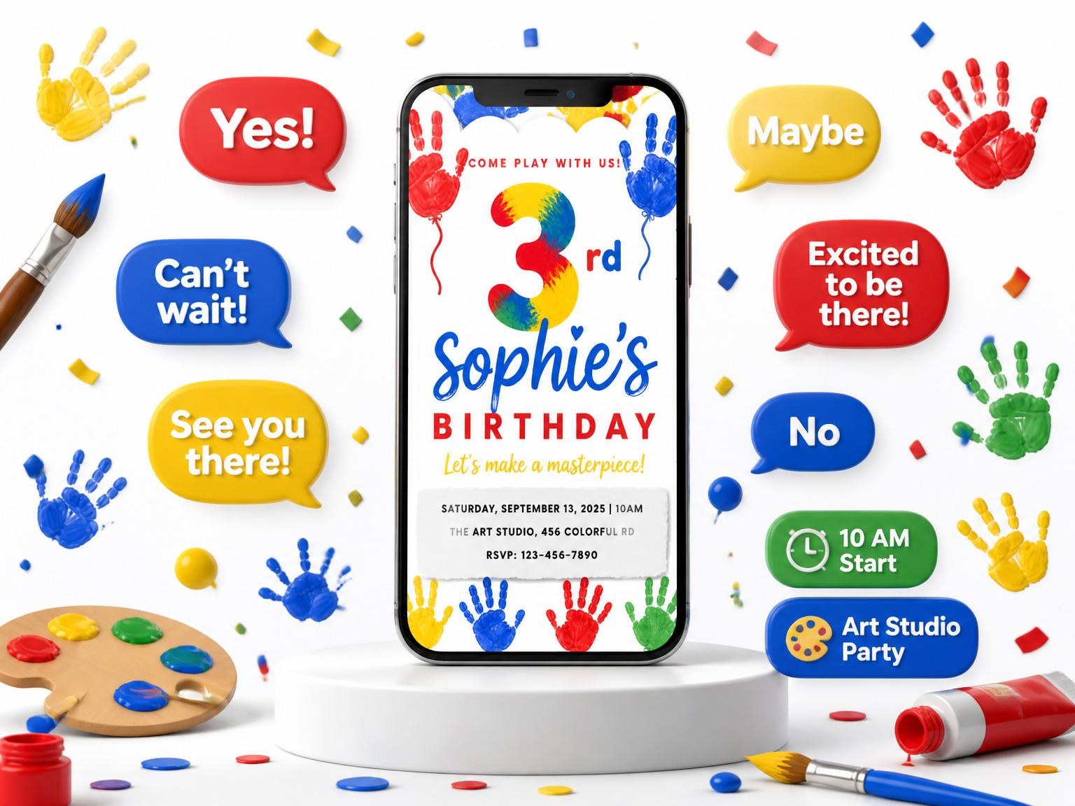 The Primary Color Handprint Art 3rd Birthday invitation on a phone, with guest RSVPs arriving around it