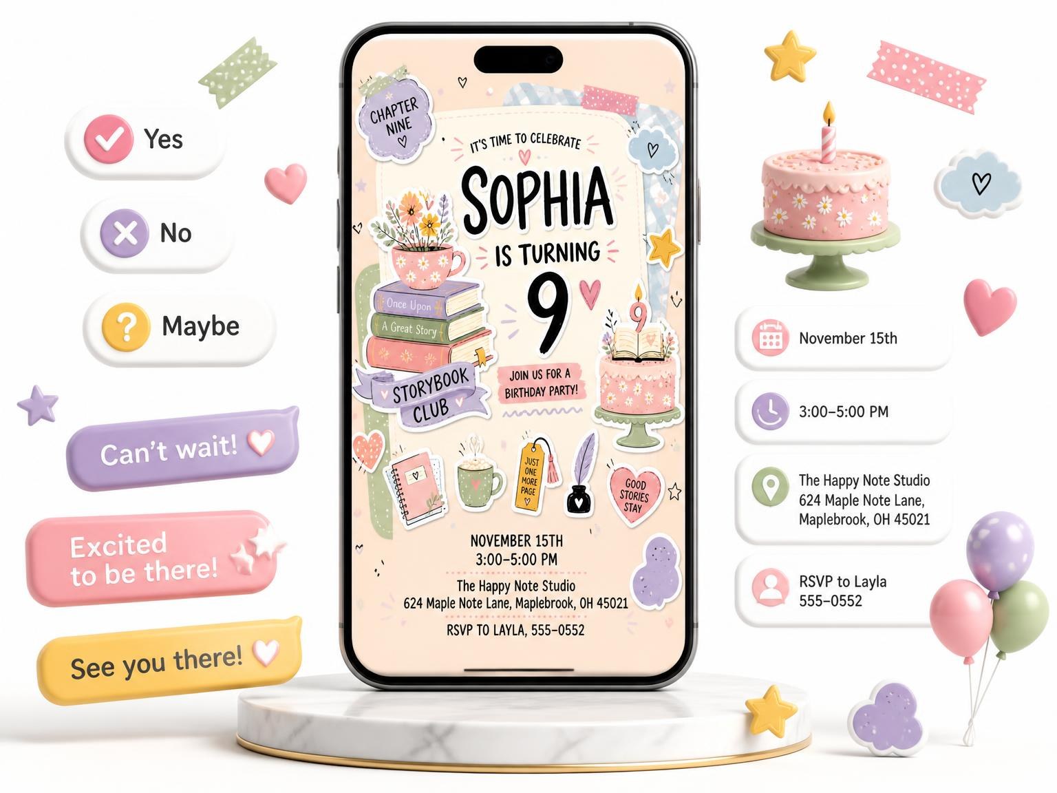 The Teacup Pastel Scrapbook 9th Birthday Invitation invitation on a phone, with guest RSVPs arriving around it