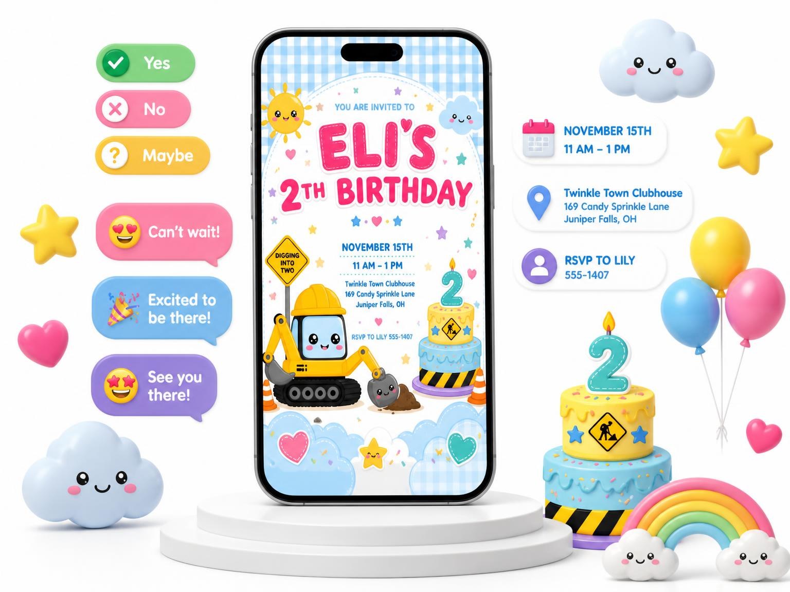 The Pastel Excavator 2nd Birthday Invitation invitation on a phone, with guest RSVPs arriving around it