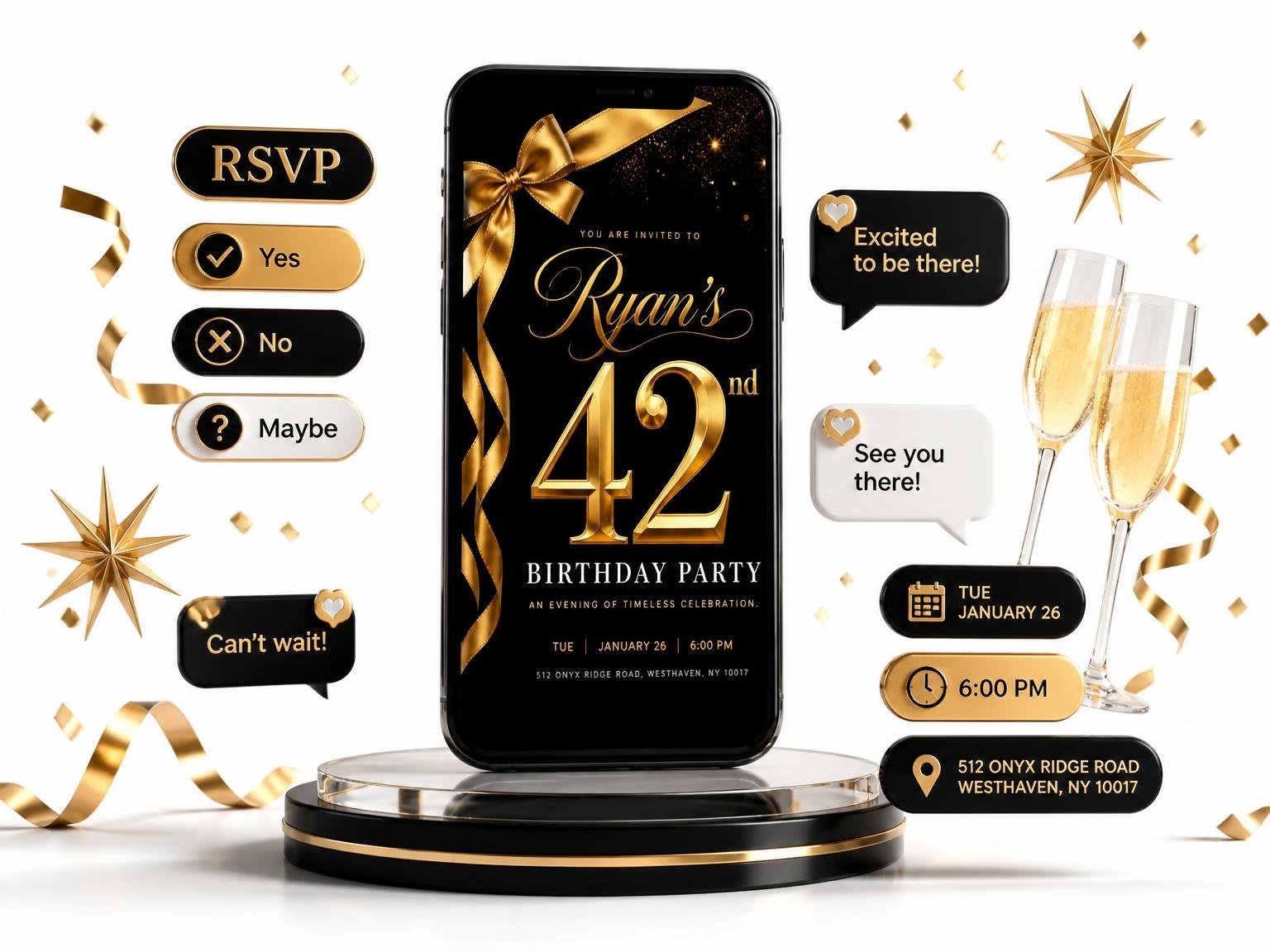 The Black and Gold Ribbon 42nd Birthday Invitation invitation on a phone, with guest RSVPs arriving around it