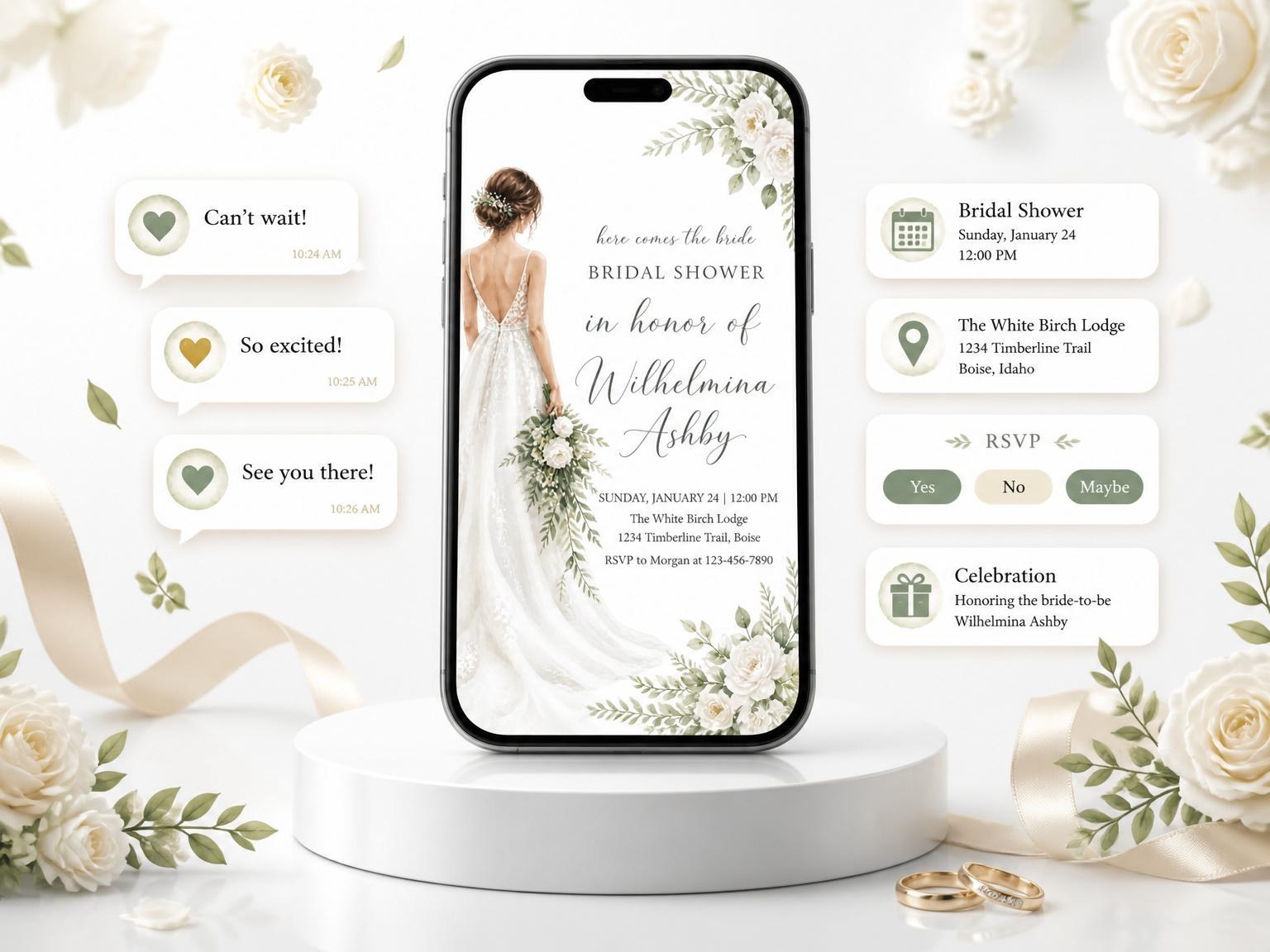 The Watercolor Rose Bride Bridal Shower invitation on a phone, with guest RSVPs arriving around it