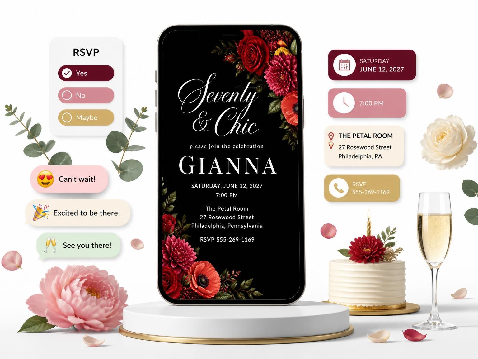 The Black Floral 70th Birthday Invitation invitation on a phone, with guest RSVPs arriving around it