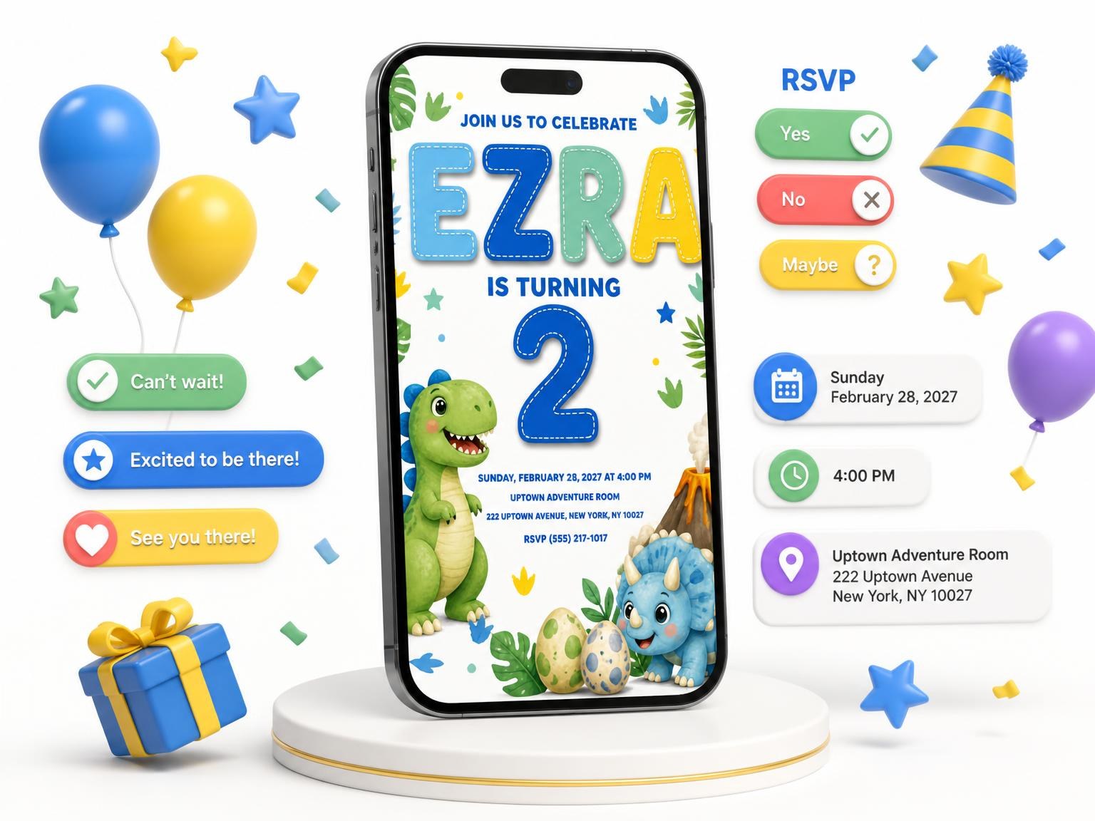 The Stitched Green T-Rex 2nd Birthday Invitation invitation on a phone, with guest RSVPs arriving around it