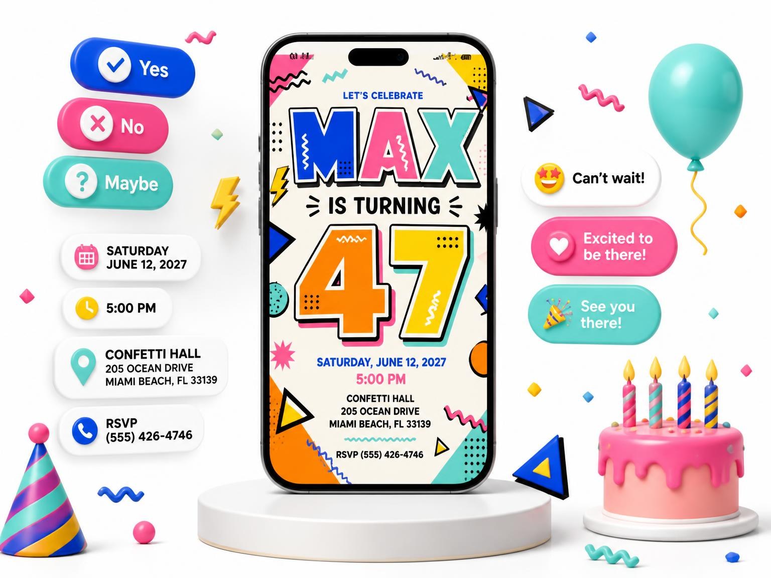 The Memphis Pop 47th Birthday Invitation invitation on a phone, with guest RSVPs arriving around it