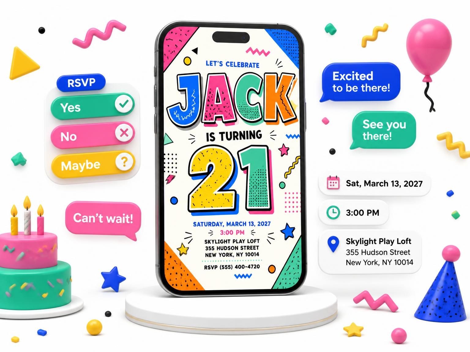 The Memphis Pop 21st Birthday Invitation invitation on a phone, with guest RSVPs arriving around it