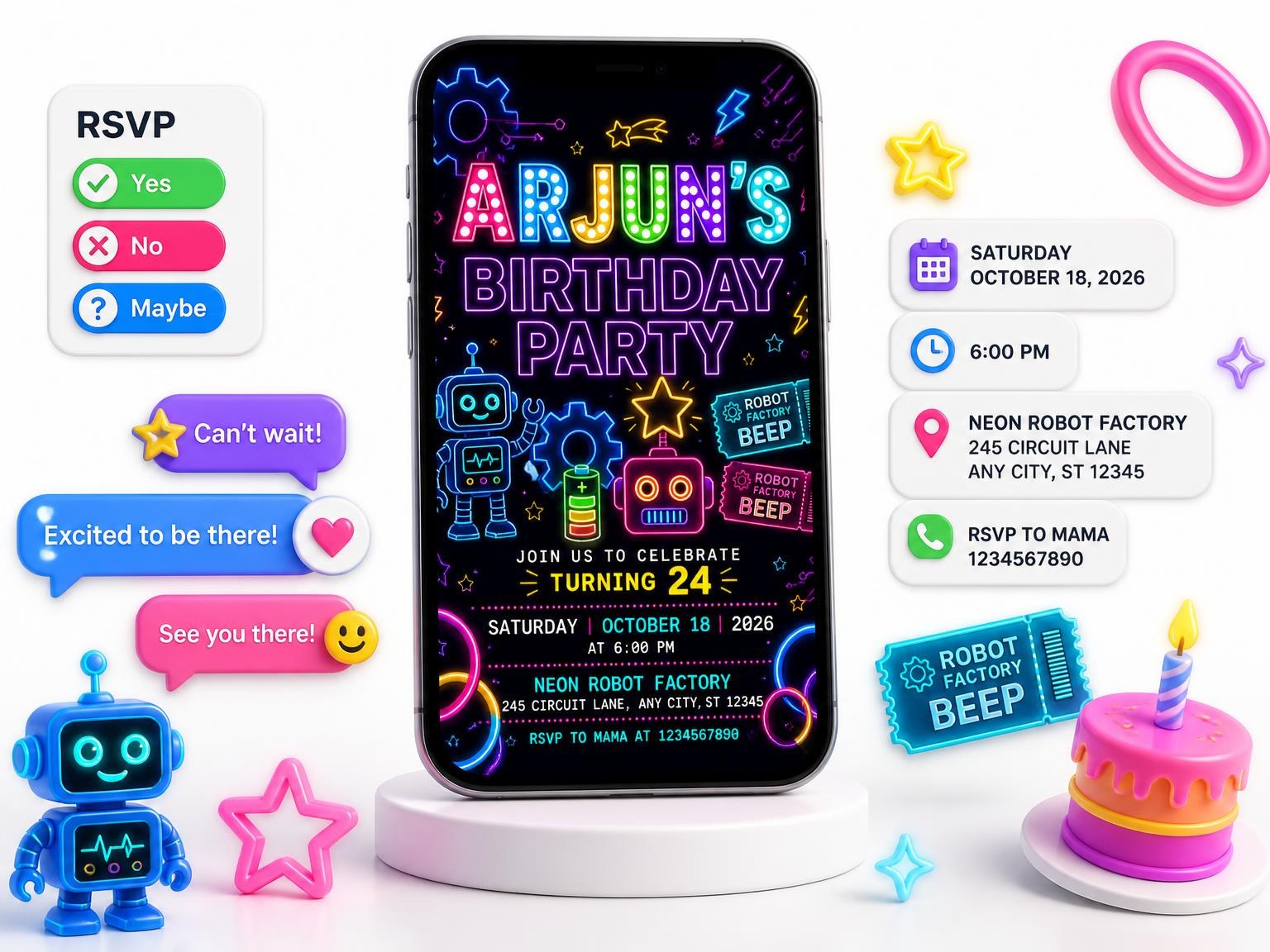 The Neon Robots 24th Birthday Invitation invitation on a phone, with guest RSVPs arriving around it