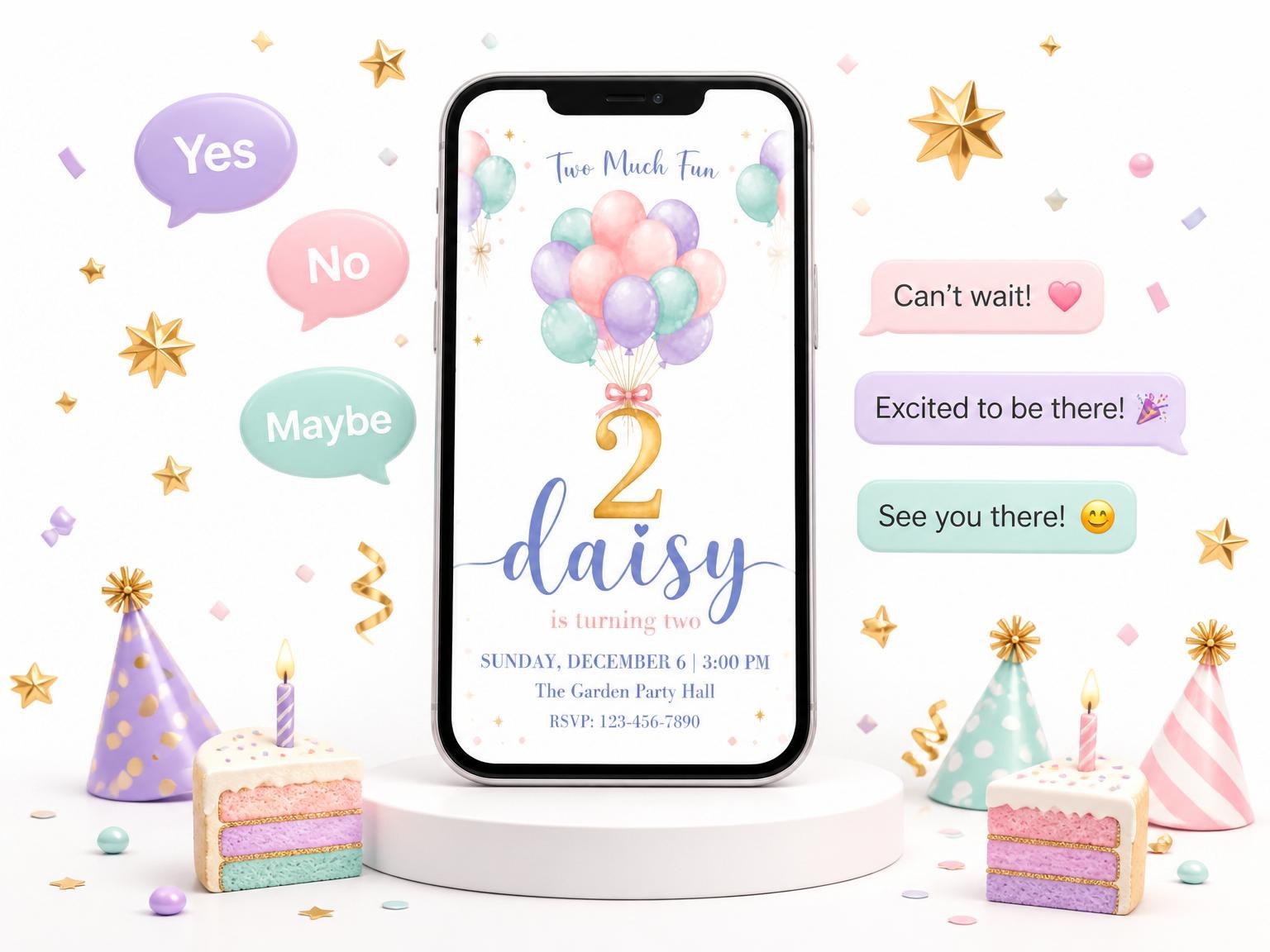 The Pastel Balloon Watercolor 2nd Birthday invitation on a phone, with guest RSVPs arriving around it