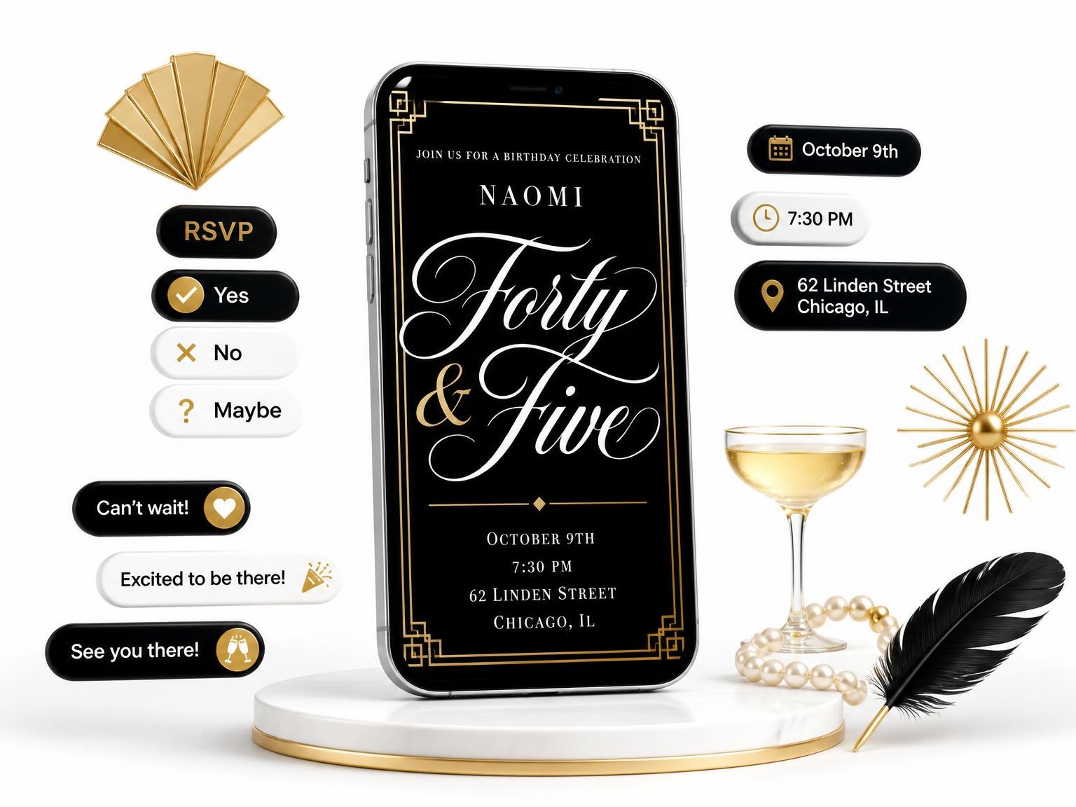 The Art Deco 45th Birthday Invitation invitation on a phone, with guest RSVPs arriving around it
