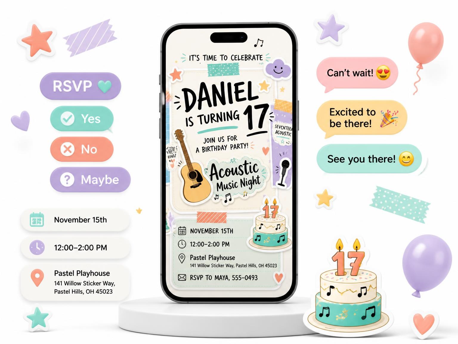 The Note Cards Pastel 17th Birthday Invitation invitation on a phone, with guest RSVPs arriving around it