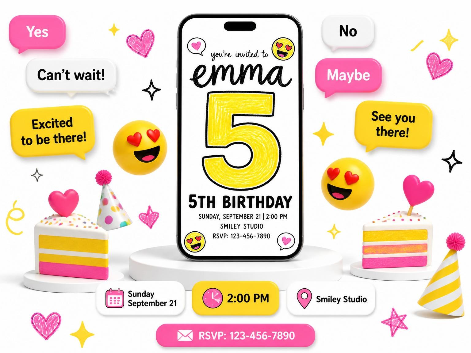 The Crayon Emoji Heart Birthday Invitation invitation on a phone, with guest RSVPs arriving around it