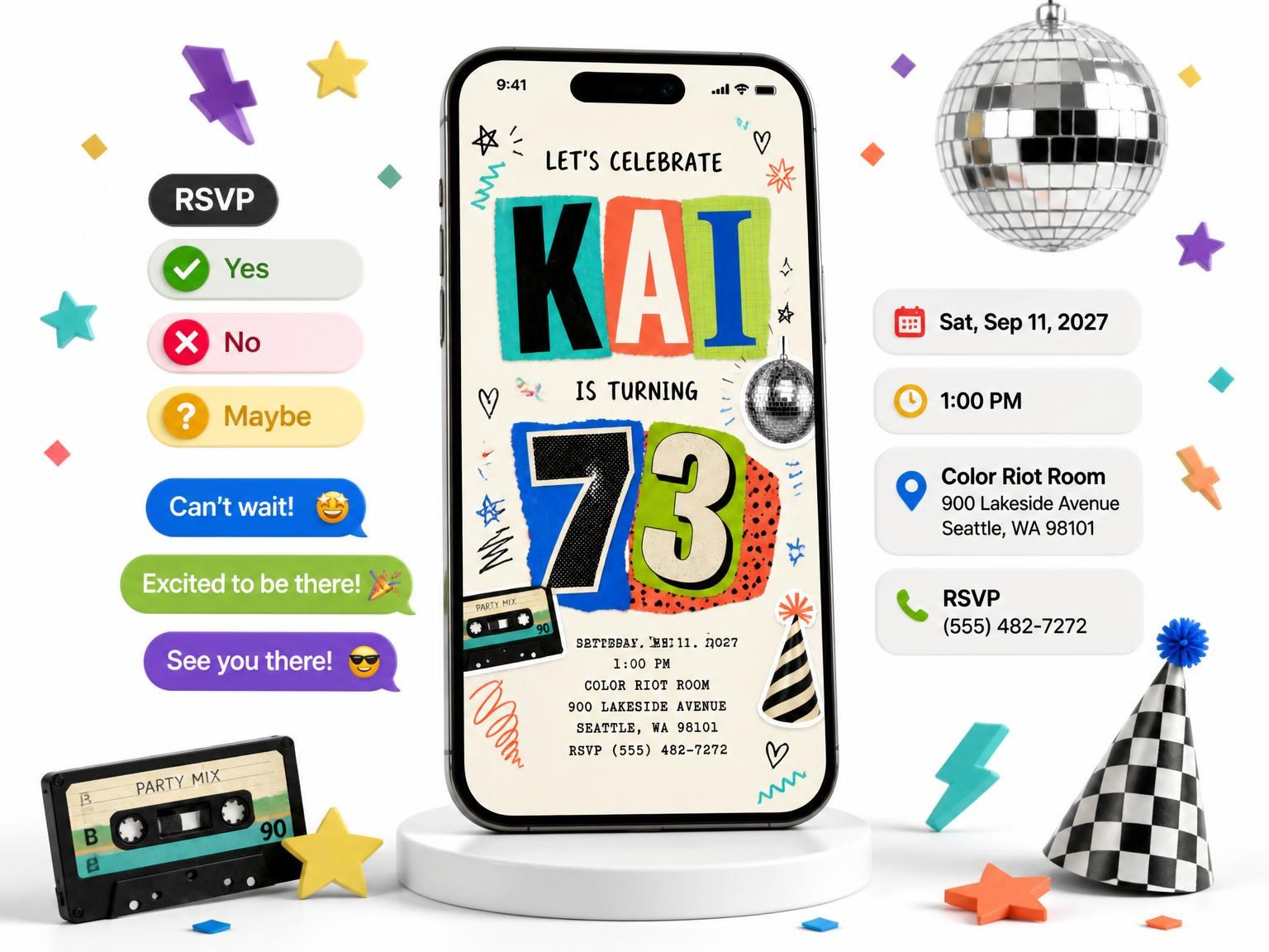 The Retro Paper Collage 73rd Birthday Invitation invitation on a phone, with guest RSVPs arriving around it